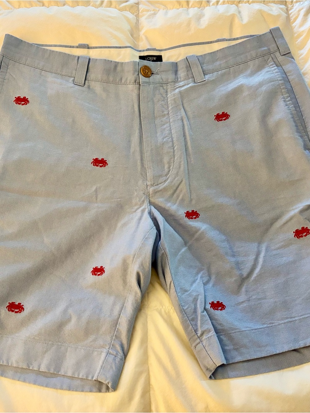 J. Crew Light Blue Chino Shorts with Red Crab Embroidery